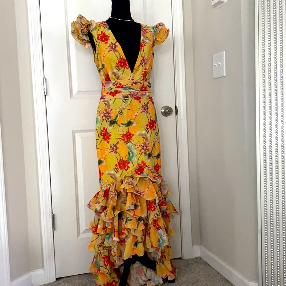 Yellow hi-low floral ruffle dress